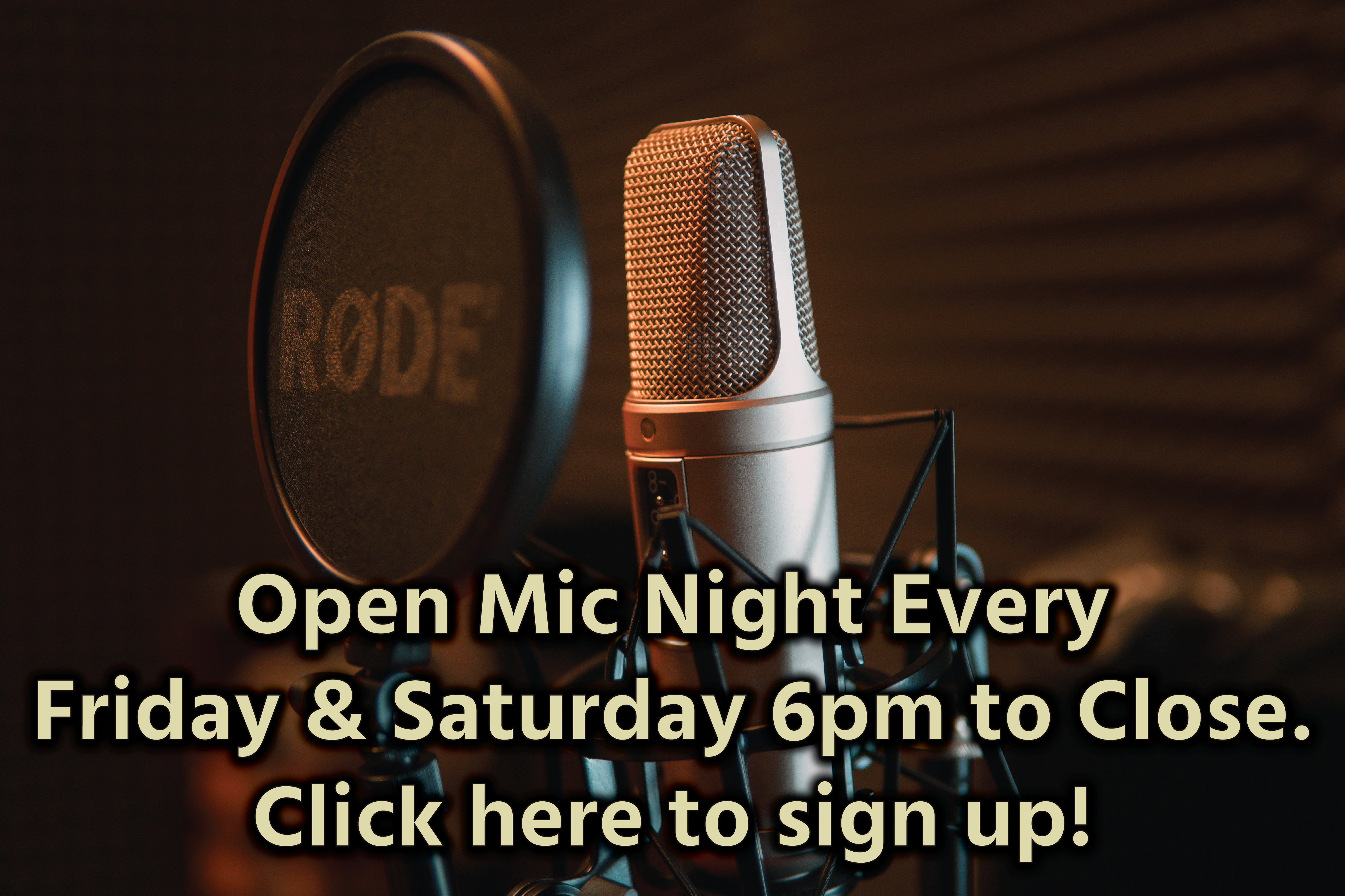 image of microphone with link to sign up for open mic night
